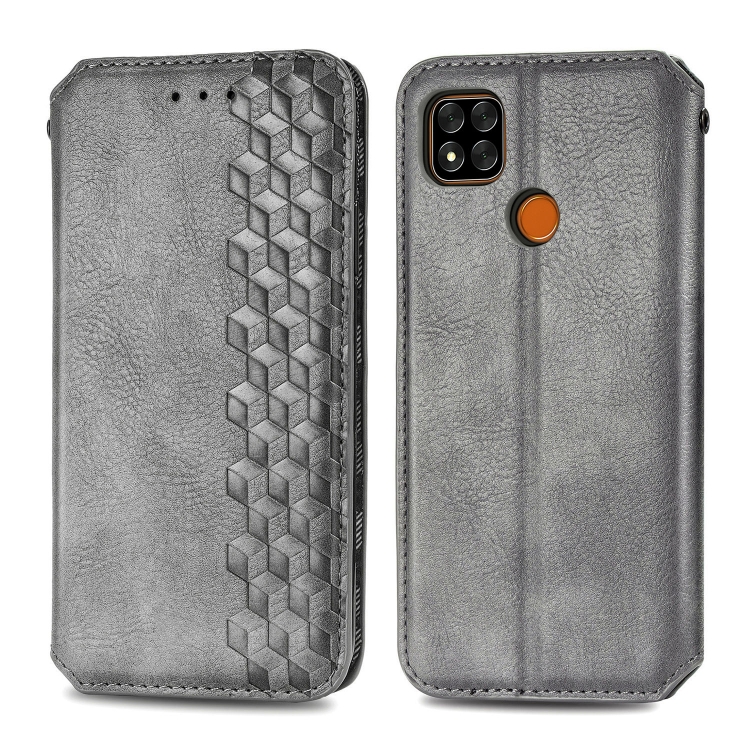 

For Xiaomi Redmi 9C Cubic Grid Pressed Horizontal Flip Magnetic PU Leather Case with Holder & Card Slots & Wallet(Gray)