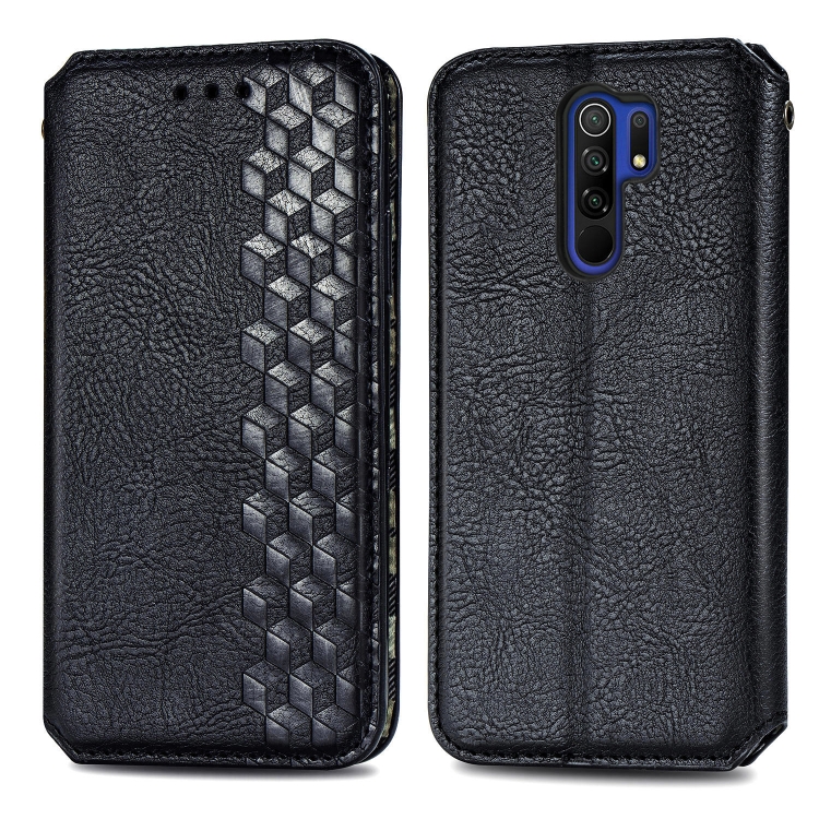 

For Xiaomi Redmi 9 Cubic Grid Pressed Horizontal Flip Magnetic PU Leather Case with Holder & Card Slots & Wallet(Black)