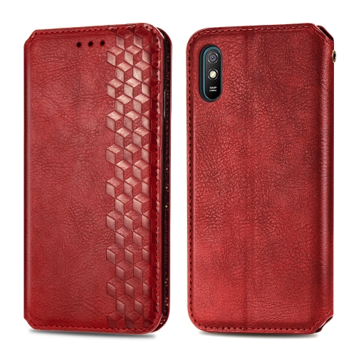 

For Xiaomi Redmi 9A Cubic Grid Pressed Horizontal Flip Magnetic PU Leather Case with Holder & Card Slots & Wallet(Red)