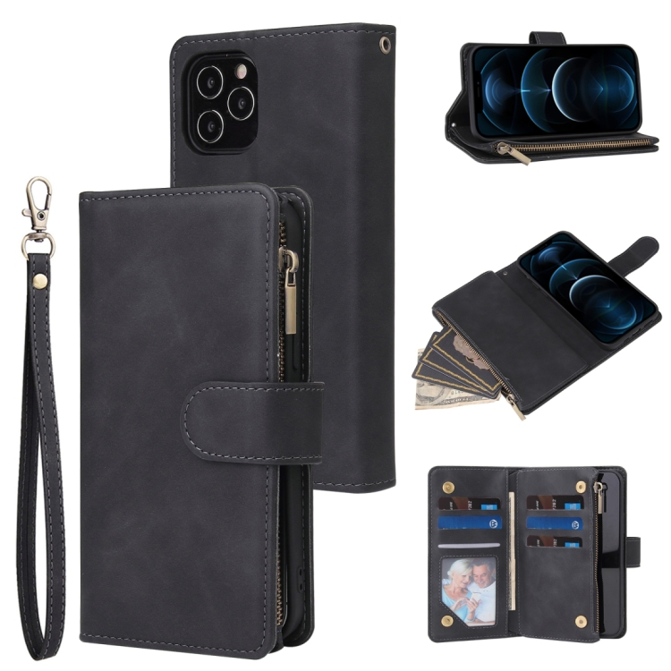 

For iPhone 12 Pro Max Multifunctional Retro Frosted Horizontal Flip Leather Case with Card Slot & Holder & Zipper Wallet & Photo Frame & Lanyard(Black)