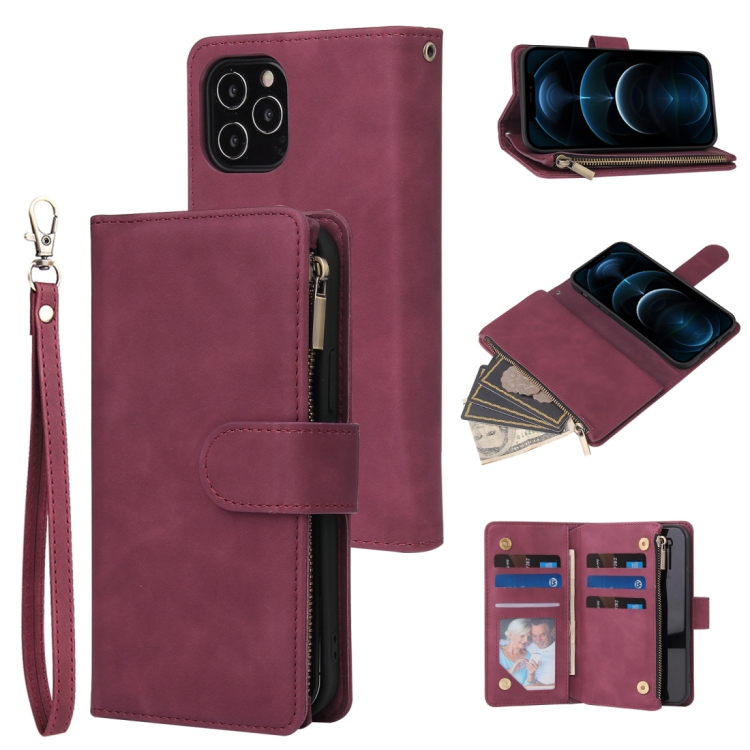 

For iPhone 12 6.7 Multifunctional Retro Frosted Horizontal Flip Leather Case with Card Slot & Holder & Zipper Wallet & Photo Frame & Lanyard(Red Wine)