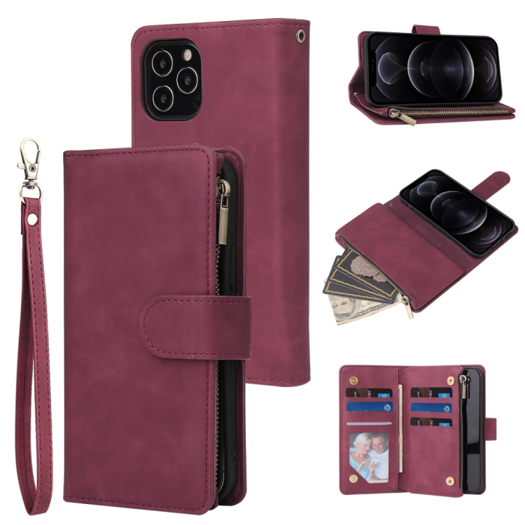 

For iPhone 12 / 12 Pro Multifunctional Retro Frosted Horizontal Flip Leather Case with Card Slot & Holder & Zipper Wallet & Photo Frame & Lanyard(Red Wine)
