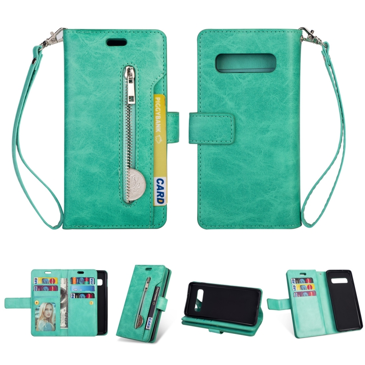 

Samsung Galaxy S10+ Multifunctional Zipper Horizontal Flip Leather Case with Holder & Wallet & 9 Card Slots & Lanyard(Mint Green)