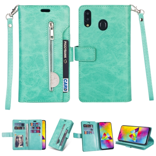 

For Samsung Galaxy A20s Multifunctional Zipper Horizontal Flip Leather Case with Holder & Wallet & 9 Card Slots & Lanyard(Mint Green)