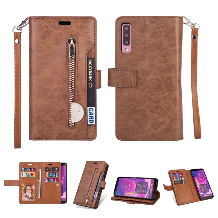 

For Samsung Galaxy A7 (2018) Multifunctional Zipper Horizontal Flip Leather Case with Holder & Wallet & 9 Card Slots & Lanyard(Brown)
