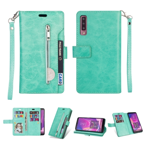 

For Samsung Galaxy A7 (2018) Multifunctional Zipper Horizontal Flip Leather Case with Holder & Wallet & 9 Card Slots & Lanyard(Mint Green)