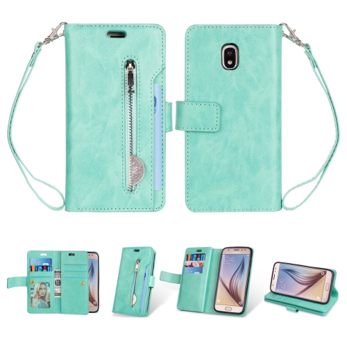 

For Samsung Galaxy J3 (2018) / Galaxy J7 (2018) Multifunctional Zipper Horizontal Flip Leather Case with Holder & Wallet & 9 Card Slots & Lanyard(Mint Green)