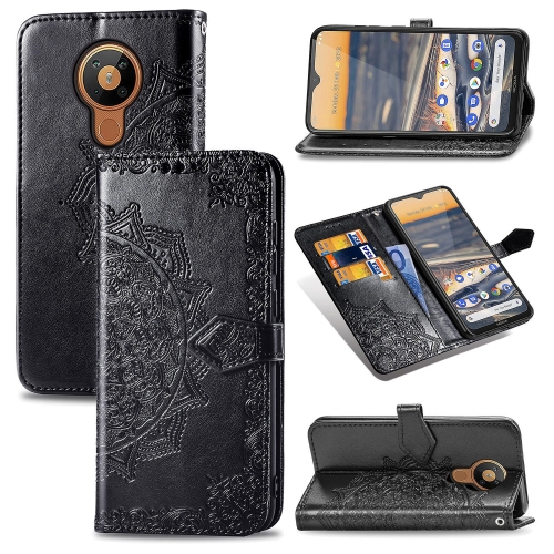 

For Nokia 5.3 Halfway Mandala Embossing Pattern Horizontal Flip Leather Case with Holder & Card Slots & Wallet & Lanyard(Black)