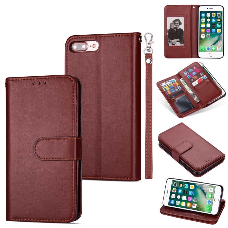 

For iPhone 7 Plus / 8 Plus Ultra-thin 9 Card Horizontal Flip Leather Case, with Card Slots & Holder & Lanyard(Brown)