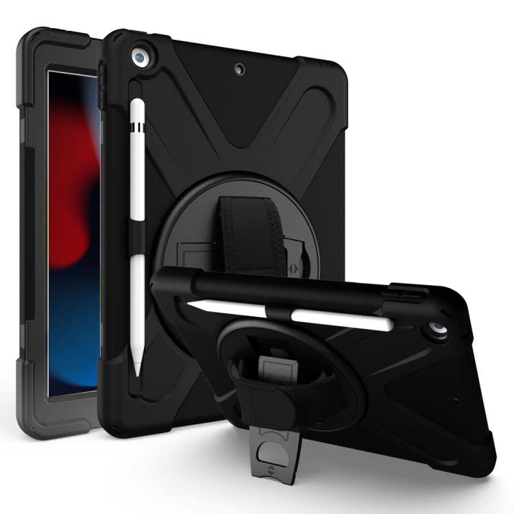 

For iPad 10.2 inch Shockproof Colorful Silicone + PC Protective Case with Holder & Shoulder Strap & Hand Strap & Pen Slot(Black)