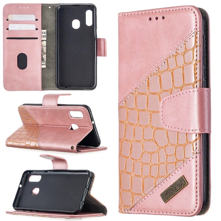 

For Samsung Galaxy A20e Matching Color Crocodile Texture Horizontal Flip PU Leather Case with Wallet & Holder & Card Slots(Rose Gold)
