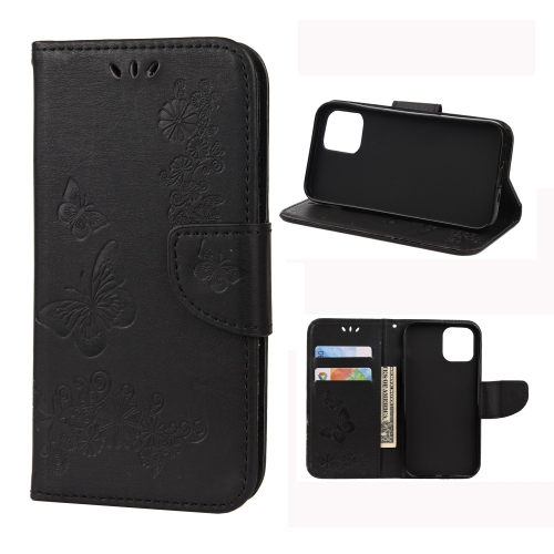 

For iPhone 12 mini Vintage Embossed Floral Butterfly Pattern Horizontal Flip Leather Case with Card Slot & Holder & Wallet & Lanyard(Black)