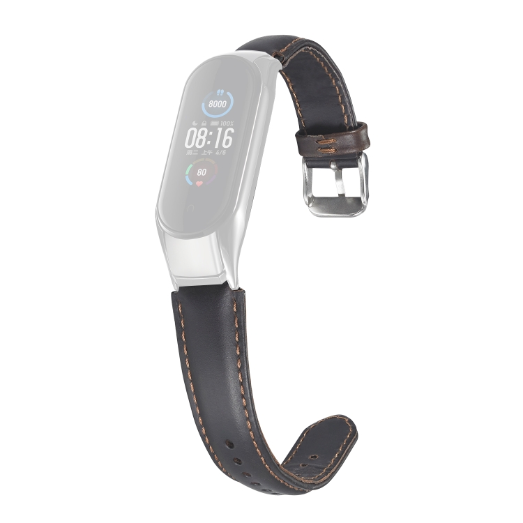 

For Xiaomi Mi Band 5 Leather Strap, Color:Black Brown Wire