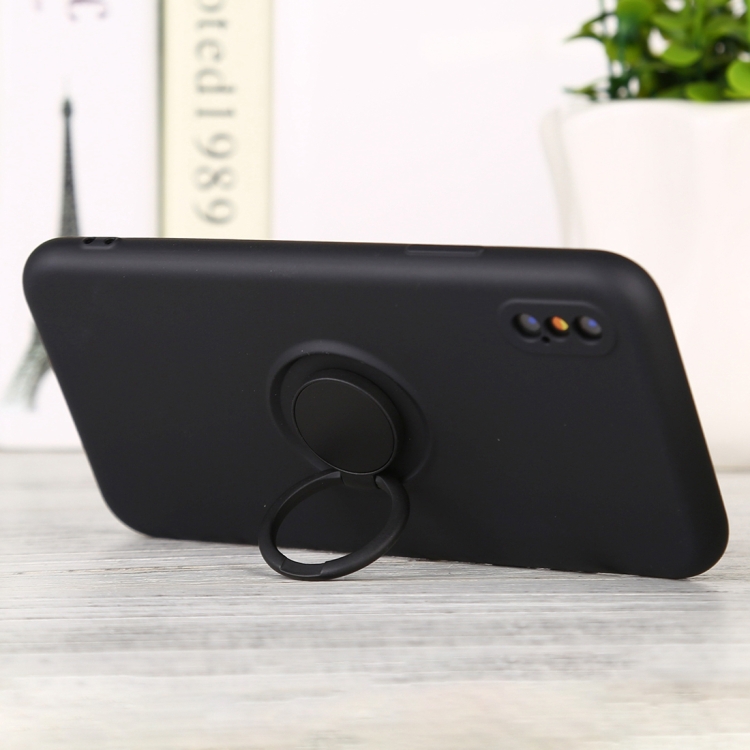 

For iPhone X / XS Solid Color Liquid Silicone Shockproof Full Coverage Protective Case with Ring Holder(Black)