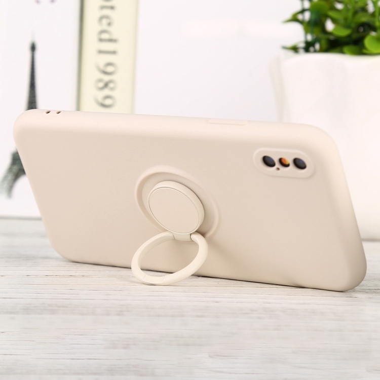 

For iPhone X / XS Solid Color Liquid Silicone Shockproof Full Coverage Protective Case with Ring Holder(Beige)