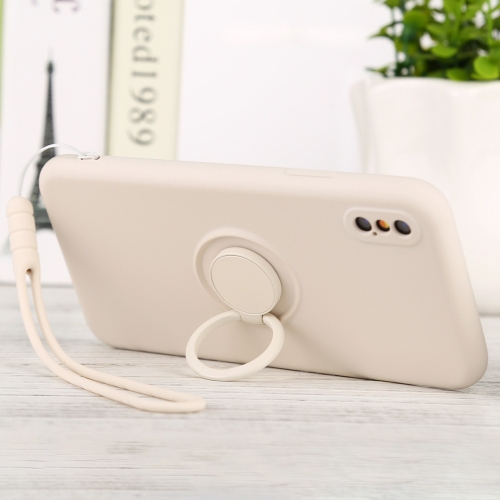 

For iPhone X / XS Solid Color Liquid Silicone Shockproof Full Coverage Protective Case with Ring Holder & Lanyard(Beige)