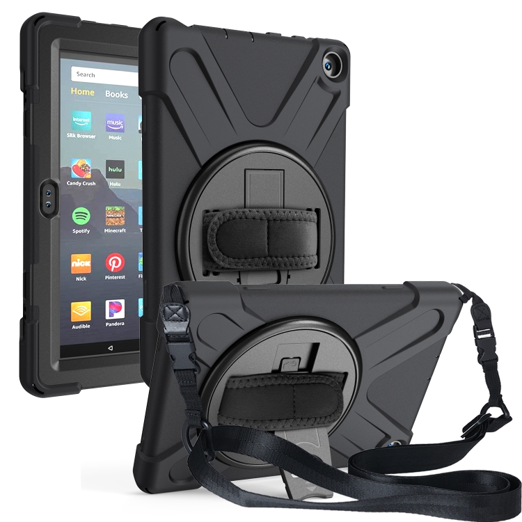 

For Amazon Kindle Fire HD8 (2020) Shockproof Colorful Silicone + PC Protective Case with Holder & Shoulder Strap & Hand Strap(Black)