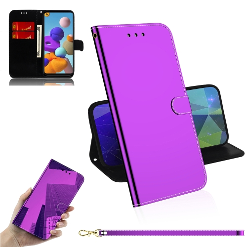 

For Samsung Galaxy A21s Imitated Mirror Surface Horizontal Flip Leather Case with Holder & Card Slots & Wallet & Lanyard(Purple)