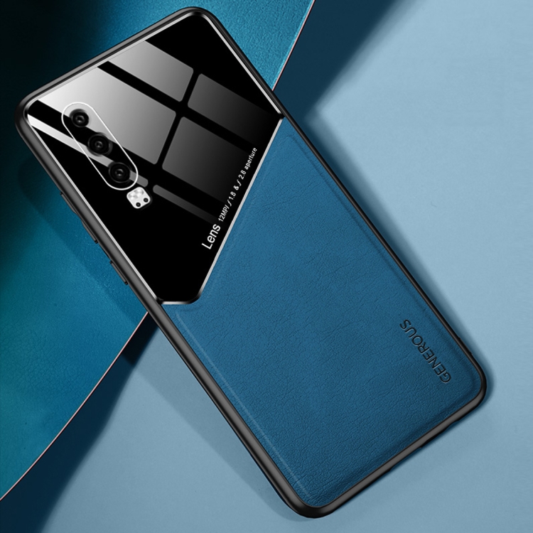 

For Huawei P30 All-inclusive Leather + Organic Glass Protective Case with Metal Iron Sheet(Blue)