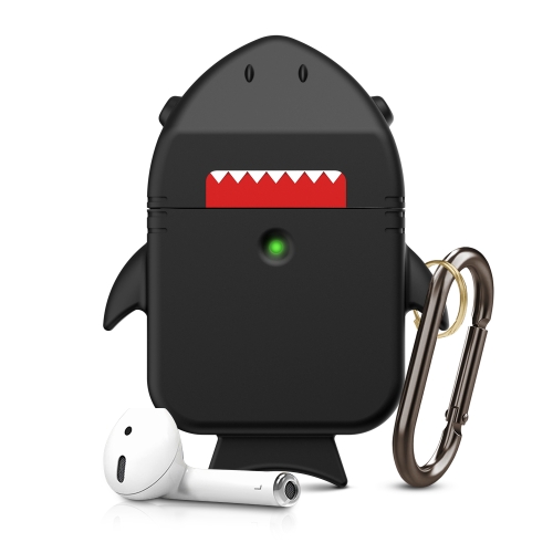 

For AirPods 1 / 2 Anti-fall Shark Shape Silicone Earphone Protective Case with Carabiner(Black)