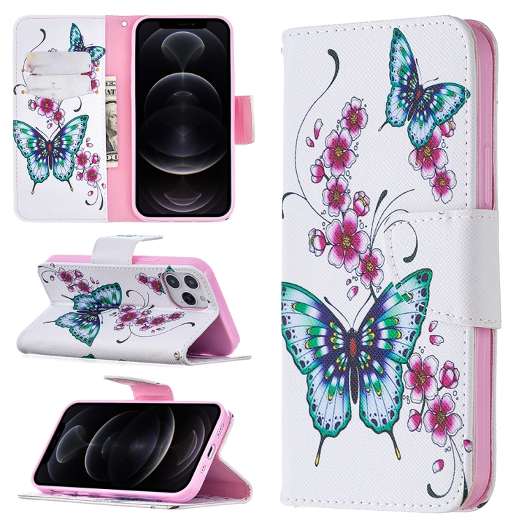

For iPhone 12 / 12 Pro Colored Drawing Pattern Horizontal Flip Leather Case with Holder & Card Slots & Wallet(Peach Blossom and Butterfly)