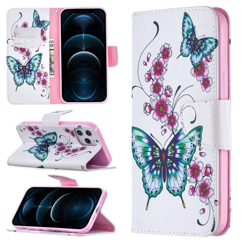 

For iPhone 12 Pro Max Colored Drawing Pattern Horizontal Flip Leather Case with Holder & Card Slots & Wallet(Peach Blossom and Butterfly)