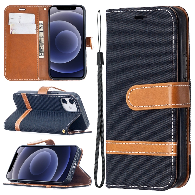 

For iPhone 12 mini Color Matching Denim Texture Horizontal Flip Leather Case with Holder & Card Slots & Wallet & Lanyard(Black)
