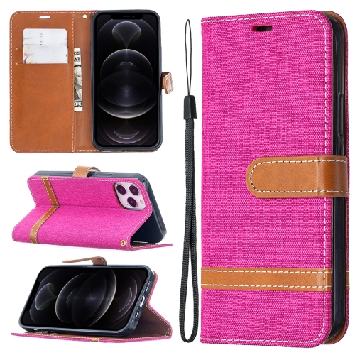 

For iPhone 12 / 12 Pro Color Matching Denim Texture Horizontal Flip Leather Case with Holder & Card Slots & Wallet & Lanyard(Rose Red)