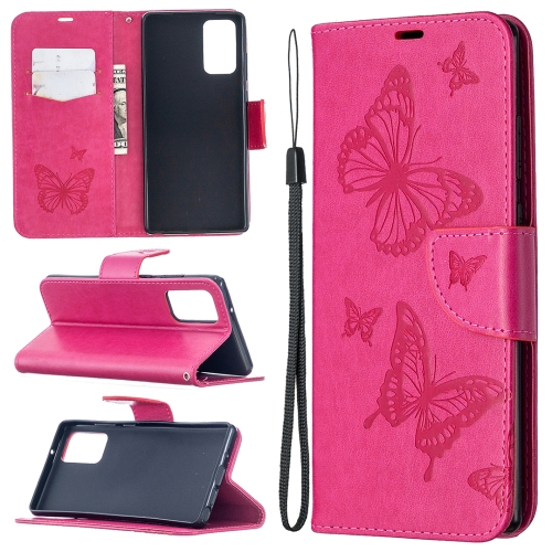 

For Samsung Galaxy Note20 Embossing Two Butterflies Pattern Horizontal Flip PU Leather Case with Holder & Card Slot & Wallet & Lanyard(Rose Red)