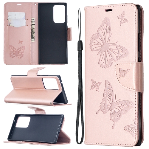 

For Samsung Galaxy Note20 Ultra Embossing Two Butterflies Pattern Horizontal Flip PU Leather Case with Holder & Card Slot & Wallet & Lanyard(Rose Gold)
