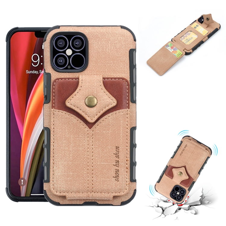

For iPhone 12 / 12 Pro Cloth Texture + PU + TPU Shockproof Protective Case with Card Slots(Khaki)