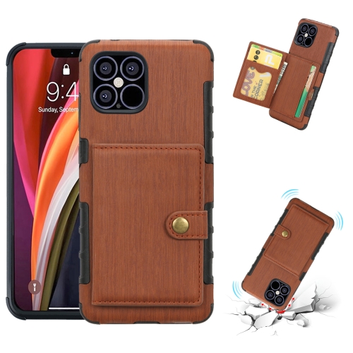 

For iPhone 12 / 12 Pro Brushed Texture Shockproof PU + TPU Case with Card Slots & Wallet & Photo Frame(Brown)