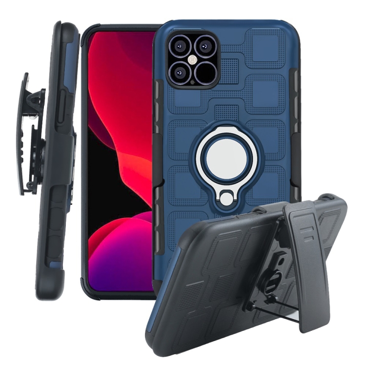 

For iPhone 12 Max / 12 Pro 3 In 1 Cube PC + TPU Protective Case with 360 Degrees Rotate Silver Ring Holder(Navy Blue)