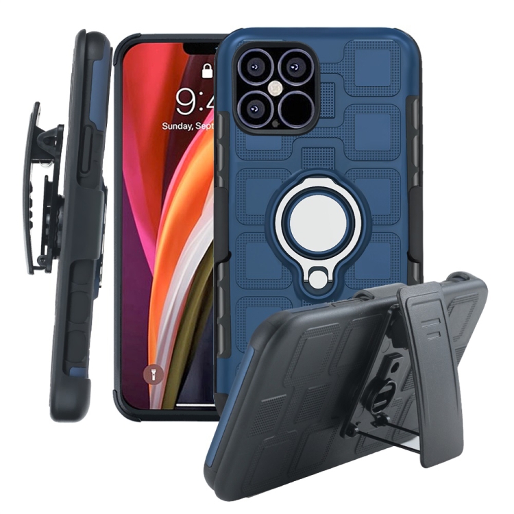 

For iPhone 12 Pro Max 3 In 1 Cube PC + TPU Protective Case with 360 Degrees Rotate Silver Ring Holder(Navy Blue)