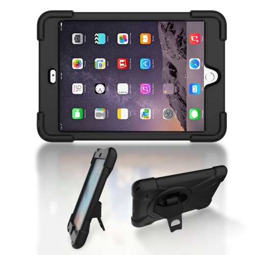 

For iPad Mini 3 & 2 & 1 Shockproof Colorful Silicone + PC Protective Case with Holder & Hand Grip Strap(Black)