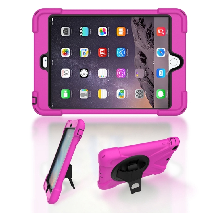 

For iPad Mini 3 & 2 & 1 Shockproof Colorful Silicone + PC Protective Case with Holder & Hand Grip Strap(Rose Red)