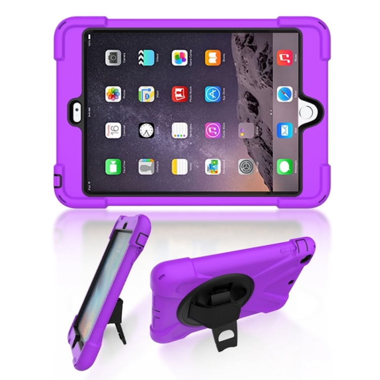 

For iPad Mini 3 & 2 & 1 Shockproof Colorful Silicone + PC Protective Case with Holder & Hand Grip Strap(Purple)