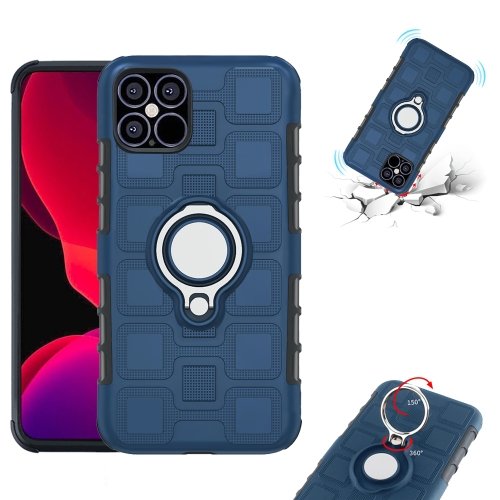 

For iPhone 12 Max / 12 Pro 2 In 1 Cube PC + TPU Protective Case with 360 Degrees Rotate Silver Ring Holder(Navy Blue)