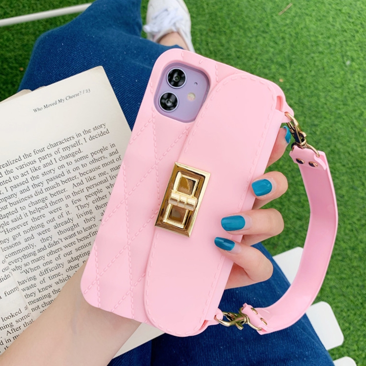 

For iPhone 11 Silicone Solid Color Handheld Protective Case with Wallet & Chain(Pink)
