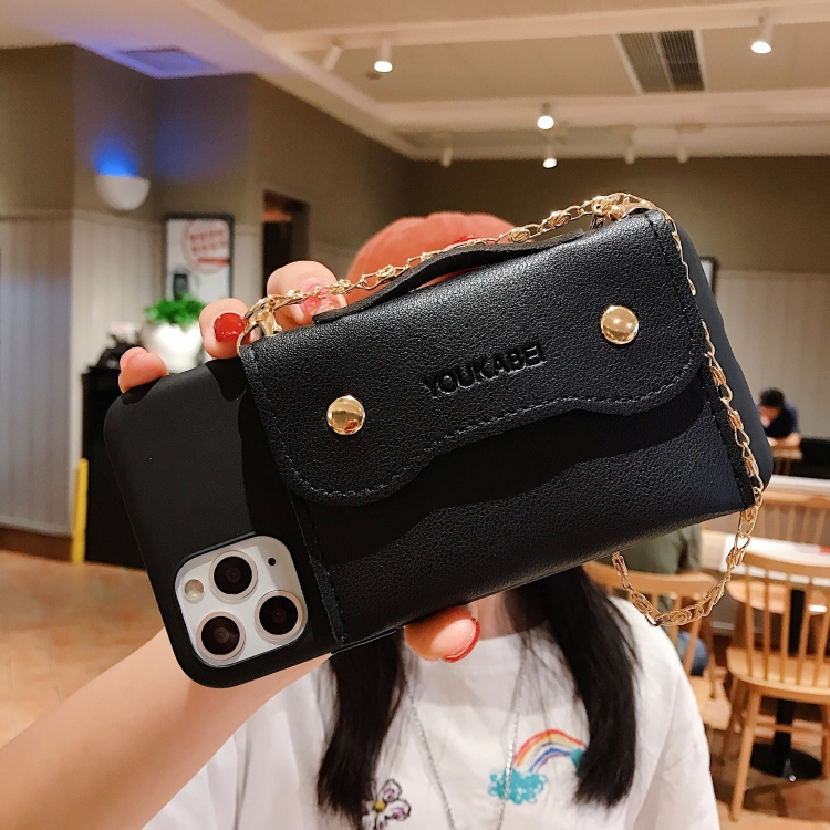 

For iPhone 11 Solid Color TPU Handheld Protective Case with Wallet & Chain(Black)