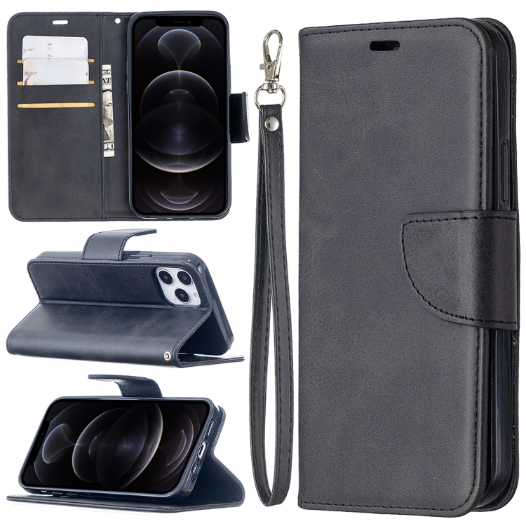 

For iPhone 12 / 12 Pro Retro Lambskin Texture Pure Color Horizontal Flip PU Leather Case, with Holder & Card Slots & Wallet & Lanyard(Black)