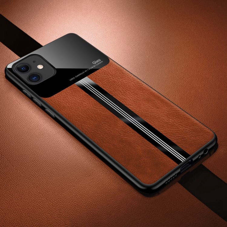 

For iPhone 11 Leather Texture PU + Glass + TPU Shockproof Protective Case(Brown)