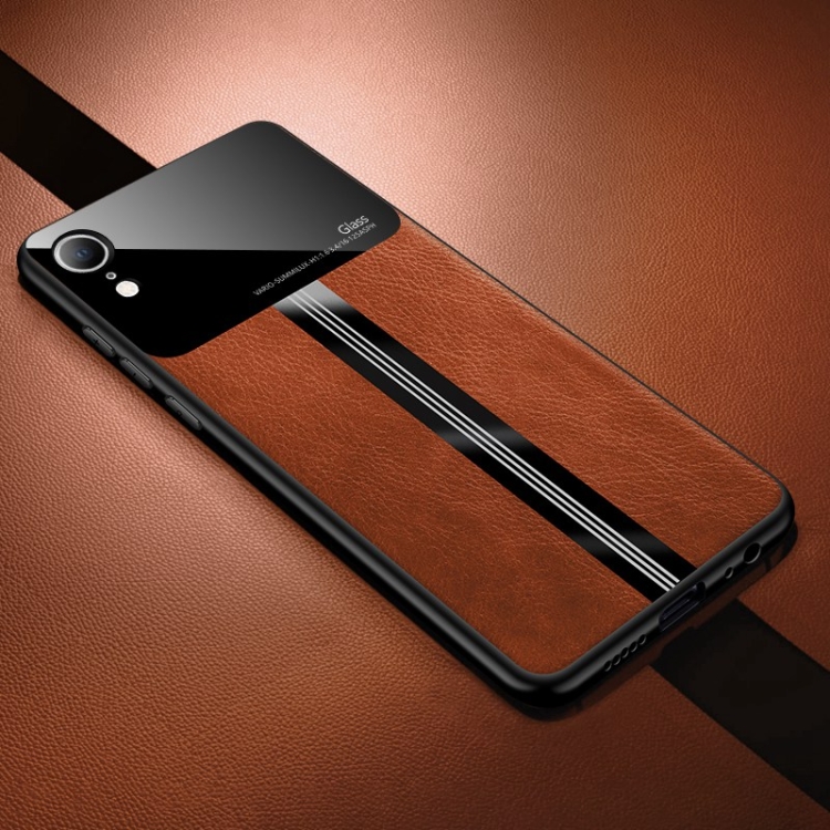 

For iPhone XR Leather Texture PU + Glass + TPU Shockproof Protective Case(Brown)