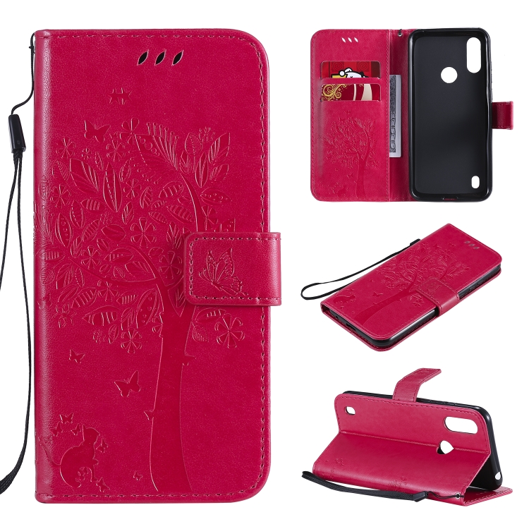 

For Motorola Moto E6s (2020) Tree & Cat Embossed Pattern Horizontal Flip Leather Case with Holder & Card Slots & Wallet & Lanyard(Rose Red)