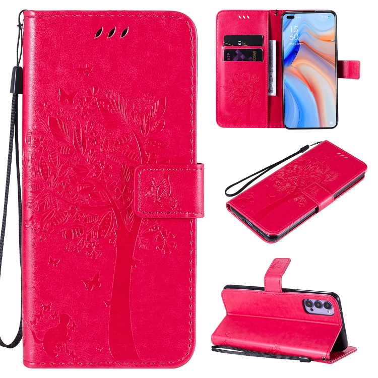 

For Oppo Reno4 5G Tree & Cat Embossed Pattern Horizontal Flip Leather Case with Holder & Card Slots & Wallet & Lanyard(Rose Red)