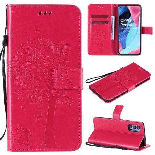 

For Oppo Reno4 Pro 5G Tree & Cat Embossed Pattern Horizontal Flip Leather Case with Holder & Card Slots & Wallet & Lanyard(Rose Red)