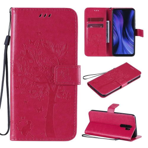 

For Xiaomi Redmi 9 Tree & Cat Embossed Pattern Horizontal Flip Leather Case with Holder & Card Slots & Wallet & Lanyard(Rose Red)