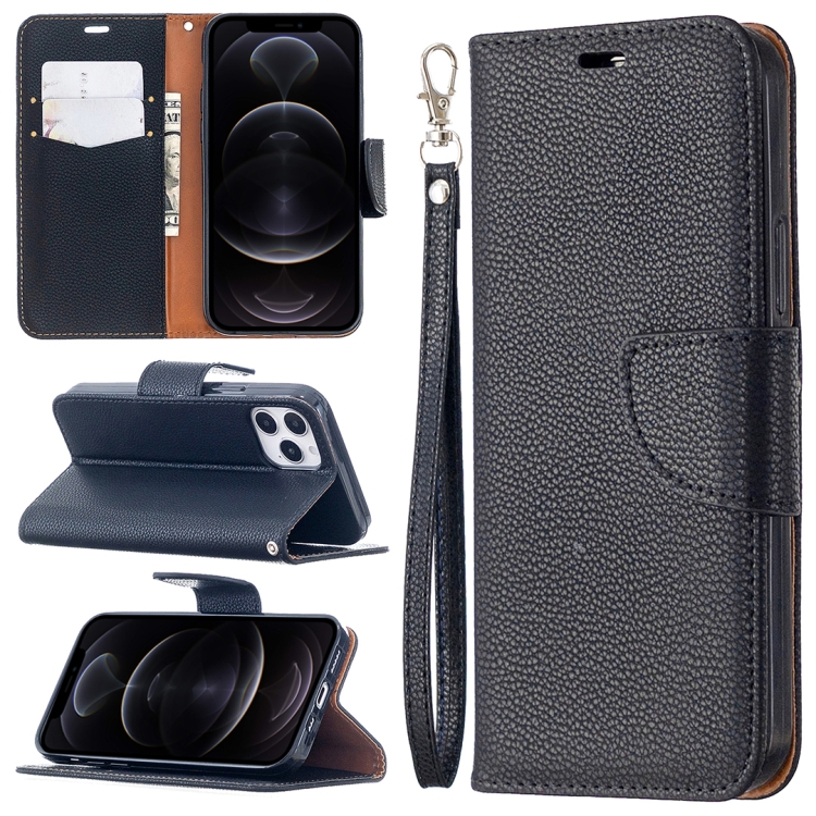 

For iPhone 12 / 12 Pro Litchi Texture Pure Color Horizontal Flip Leather Case with Holder & Card Slots & Wallet & Lanyard(Black)