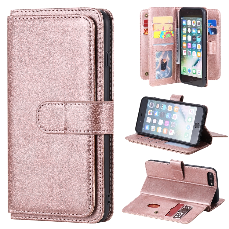 

For iPhone 8 Plus & 7 Plus Multifunctional Magnetic Copper Buckle Horizontal Flip Solid Color Leather Case with 10 Card Slots & Wallet & Holder & Photo Frame(Rose Gold)