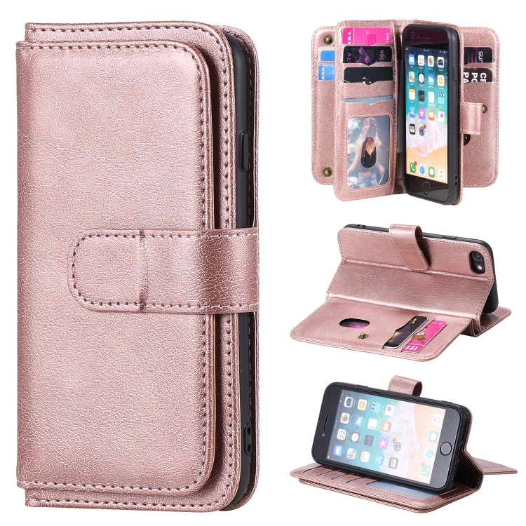 

For iPhone 8 & 7 Multifunctional Magnetic Copper Buckle Horizontal Flip Solid Color Leather Case with 10 Card Slots & Wallet & Holder & Photo Frame(Rose Gold)